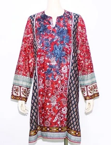 Khaadi Embroidered Red Navy 100% Cotton Tunic Dress V Neck Long Sleeve Size 16 - Picture 1 of 6