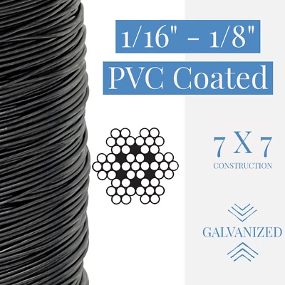 LAUREOLA INDUSTRIES 1/16" to 1/8" PVC Coated Black Color Galvanized Cable 7x7 Strand Aircraft Cable
