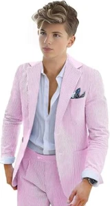 Boys Seersucker Suit 2 Piece Tuxedo for Boys Summer Beach Wedding Blazer Pants - Picture 1 of 29