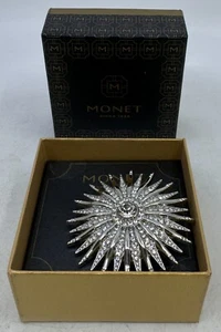Monet Large Brooch Starburst/Sun Silver Tone Rhinestone - Picture 1 of 8