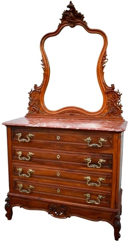 1940s French Carved Walnut Marble Top Dresser & Mirror Cover