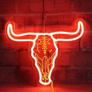 Longhorn Bull Skull Neon Sign for Cowgirl & Cowboy, Texas Long Horn Cow Skull He - Picture 1 of 11