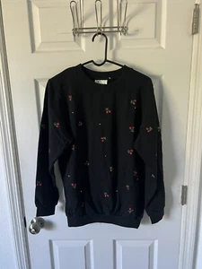 The Quacker Factory Sweatshirt Womens Size Medium Black With Cherries Print - Picture 1 of 3