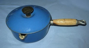 Vintage Le Creuset Cobalt Blue Sauce Pan w Lid #18 6-3/4" Wood Handle France GUC - Picture 1 of 20