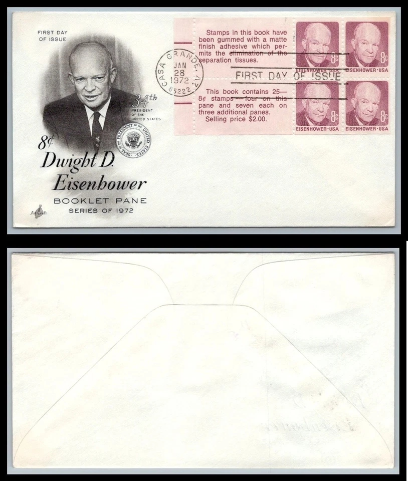 US FDC # 1395c 8c Eisenhower Pane of 4 ArtCraft V EE S.Cancel 1972, 9p9602 - Image 1 of 1