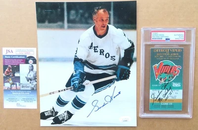 Red Wings Gordie Howe signed Houston Aeros photo + Vipers ticket w/ COAs ! - Image 1 of 4