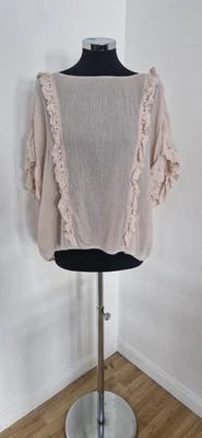 Blusa AllSaints Volantes Talla Mediana Isa Volantes Algodón Rosa Pálido Mangas Cortas Foto 1 de 4
