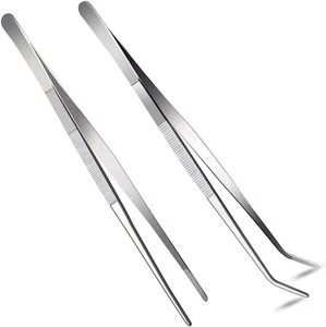 2 Pcs 12 Inch Long Handle Stainless Steel Straight and Curved Tweezers Silver - Picture 1 of 5