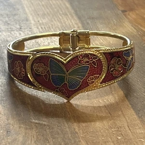 Brazalete Brazalete Vintage Tono Dorado Esmalte Floral Corazón Mariposa Bisagras - Imagen 1 de 6