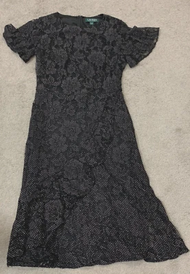 Lauren Ralph Lauren Lace Polka Dot Fit Flare Size 4 Black Lined Ruffle Skirt - Image 1 of 4