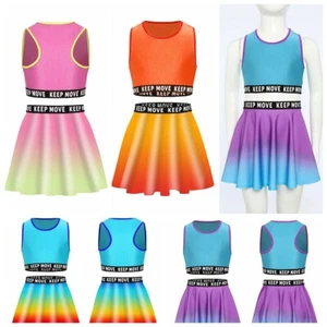Kids Girls Vest With Skirts Seaside Outfits Active Top And Skirt Round Neck Gym - Picture 1 of 36