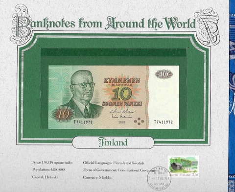 World Banknotes Finland 1980 10 Markkaa P 111a.45 UNC Holkeri-Helenius Birthday Cover