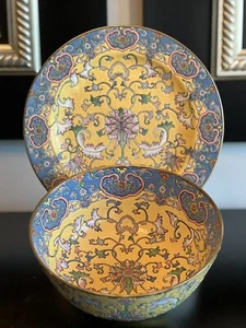 Chinese Porcelain Famille Rose Plate Bowl Set Middle of Qing Dynasty Yellow Blue - Picture 1 of 19