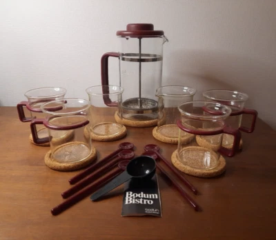 Bodum Bistro Set CRANBERRY RED Cafetière Coffee Cups Cork Coasters & Spoons VTG - Image 1 of 4