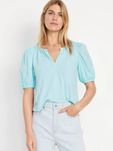 Old Navy Puff Sleeve Slub Knit Peasant Top Cotton Ceramic Blue Size Large NEW - Picture 1 of 6
