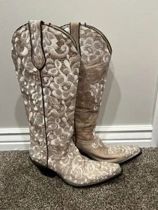 BOTAS VAQUERAS CORRAL G1128 MARRÓN BLANCO ENCAJE BORDADO TALLA MUJER 9.5 - Imagen 1 de 10