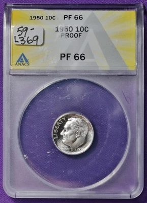 Moneda de diez centavos Roosevelt 1950.  Prueba.  En soporte ANACS.  PF 66.  L369 Foto 1 de 2
