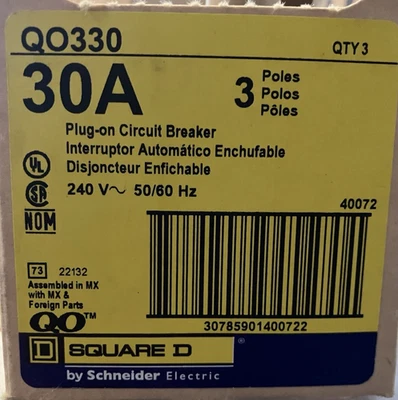 REPLACEMENT CIRCUIT BREAKER 1 NEW Circuit Breaker SQUARE D QO330 30 Amp 3 Pole 240V AC QO Plug In 3Ph