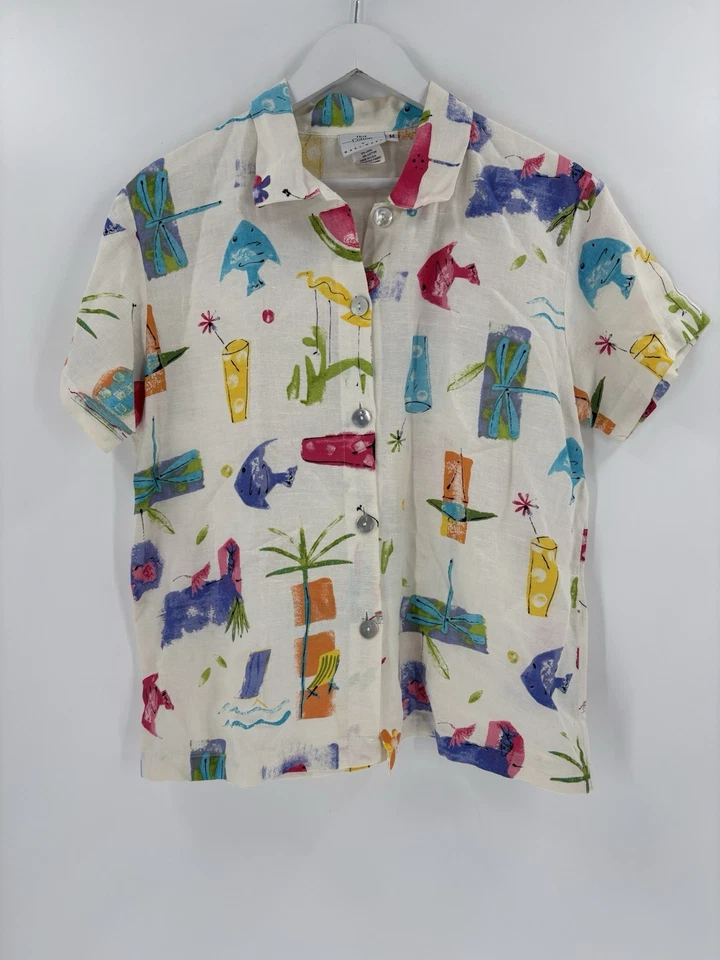 Lo último Camisa Algodón Vintage Abotonada Para Mujer Mediana Blanco Pez Tropical Playa Lino Foto 1 de 4