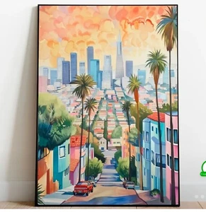 Art Canvas Los Angeles Cityscape 12 x 16in Watercolor Print FRAMED - Picture 1 of 2