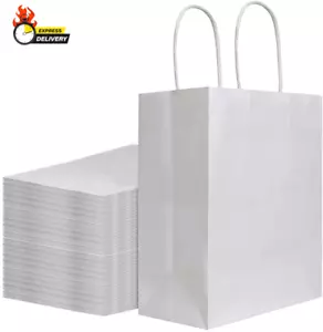 100Pcs Pack 8X4.75X10 Inch Medium White Kraft Paper Bags with Handles Bulk, Gift - Picture 1 of 12