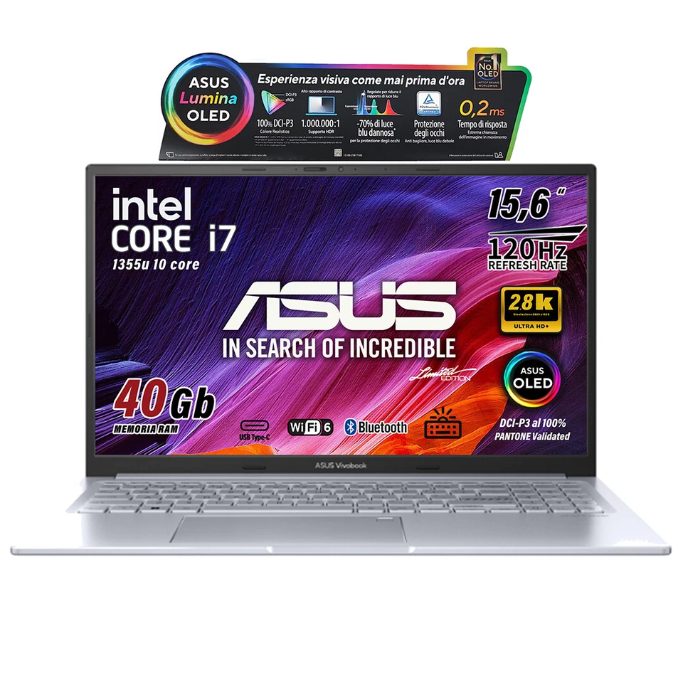 ASUS Vivobook Intel i7 1355u SSD 512GB RAM 40GB 15.6" OLED 2,8K Retro Win11 - Immagine 1 di 4