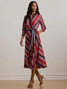 Ralph Lauren Womens Rowella Satin Stripe Wrap Midi Shirt Dress - 12 (Damage) B+ - Picture 1 of 8