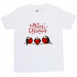 Frohe Weihnachten 3 rote Rotkehlchen saßen auf einem Ast Kinder Jungen / Mädchen T-Shirt - Bild 1 von 10