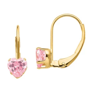 14K Solid Yellow Gold Pink CZ Heart Dangle Earrings - Picture 1 of 11