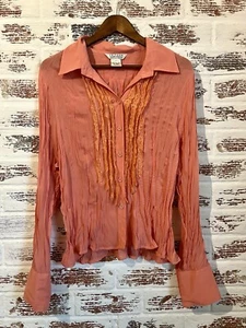 John Paul Richard Long Sleeve Button Down Blouse Crinkled Orange Sz L - Picture 1 of 7