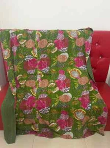 Green Kantha Quilt King Size Cotton Bedcover Handmade Bedspread Floral Bedsheet - Picture 1 of 2