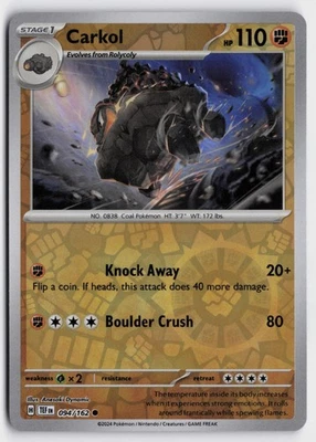 Pokemon Carkol 094/162 Reverse Holo Common SV05: Temporal Forces NM - Image 1 of 2