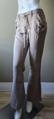 Pantalones acampanados de tiro bajo de lino Y2K Jolt 1 (26x32,5) caqui cintura elástica ligera Foto 1 de 4