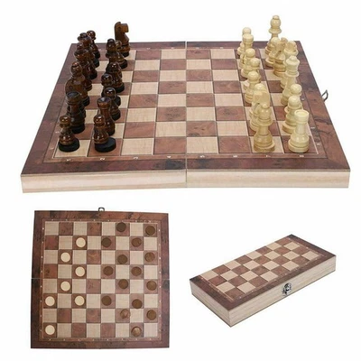 3 in 1 Chess Wooden Set Fold Chessboard Backgammon Draughts Wood Board Game ! - Image 1 of 4
