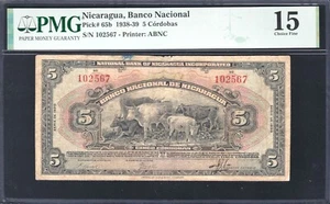1939 Nicaragua 5 Cordobas P-65b PMG 15 Choice Fine F Graded Banknote - Picture 1 of 2