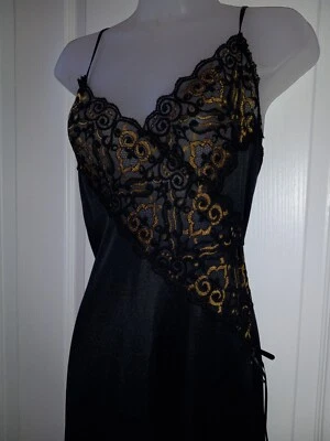 Винтажный 80-х Adonna черное золото цветочный кружева нейлона ночная рубашка белье плюс XL - Изображение 1 из 4