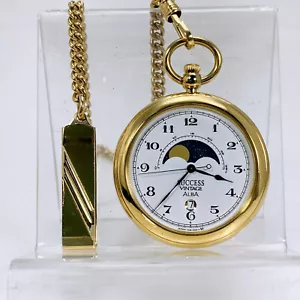 Vintage SEIKO Pocket Watch Moon Phase Date Gold tone White dial V338-0010 - Picture 1 of 9