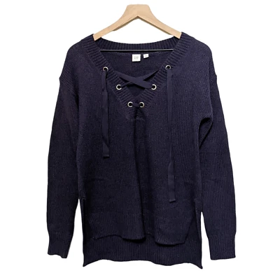 Gap XS Navy Blue Long Sleeve Lace Up Front Sweater Pullover Women's Side Slits - Image 1 of 4
