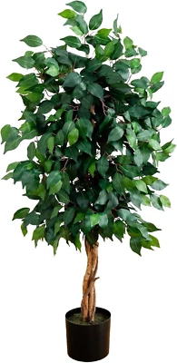 Árbol de ficus artificial de tronco triple de 4 pies con troncos de madera natural, árbol falso para I Foto 1 de 4