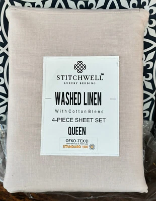 STITCHWELL Linen Cotton Blend Washed BLUSH Sheet Set - QUEEN (fits 17" mattress) - Image 1 of 4