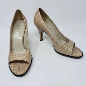 Franco Sarto Womens 8.5 Snake Beige Tan Leather Heels Pumps Peeptoe Shoes - Picture 1 of 9