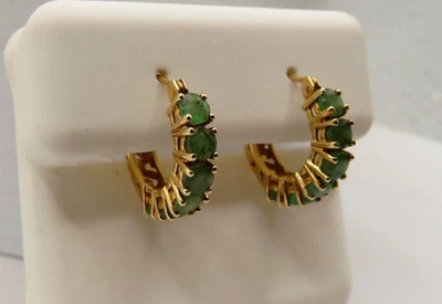 Estate Jewelry 1.0Ct Lab Created Emerald Hoop Earrings 14k Yellow Gold Plated - Image 1 of 4