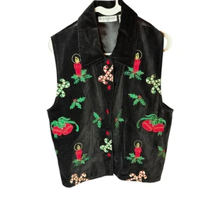 VNTG Women Black Velvet Holiday Vest Candle Holly Candy Cane Bells Embroidered L - Picture 1 of 4