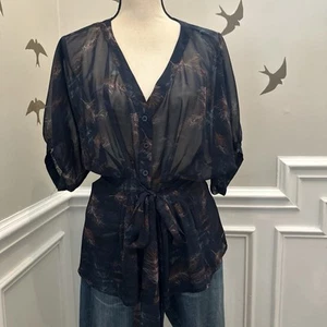 Forever 21 Womens Navy Floral V Neck Sheer Flowy Boho Beach Cover Up Feather - L - Picture 1 of 22