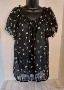 No Boundaries Damen XL Rüschen Bluse Totenköpfe Halloween Kurzarm transparent - Bild 1 von 9