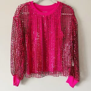 Anthropologie NEW Pilcro Long-Sleeve Sequin Top Raspberry Hot Barbie Pink XS - Picture 1 of 12