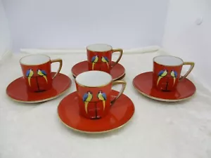 4 Vintage Orange Noritake Art-Deco Morimura Parrots Demitasse Cups/Saucers - Picture 1 of 13