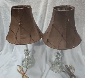 Pair of Vintage Hand-Cut Heavy Crystal Boudoir 19" Tall Table Lamps w/ Shades - Picture 1 of 11