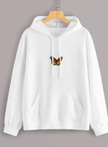 Unbranded Embroidered Butterfly Hoodie Sweatshirt White Cotton Oversized Sz S - Picture 1 of 3