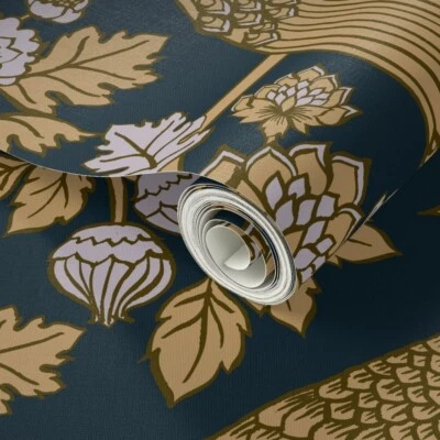 3 Rolls NWT ($209) Spoonflower Wallpaper Peacock Garden Peel & Stick Navy/Gold - Image 1 of 4